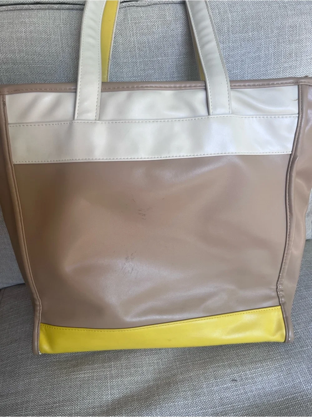 Isaac Mizrahi Cream & Yellow Leather Tote with Removable Computer Sleeve